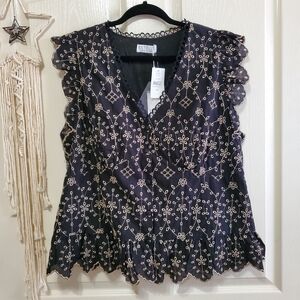 Estelle NWT Bellini Embroidered Ruffle Sleeve Black Beige Blouse Size 2X/18W